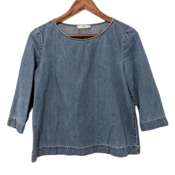 Mango Denim Chambray Shirt Crew Neck Three Quarter Sleeves size Small - Picture 1 of 9